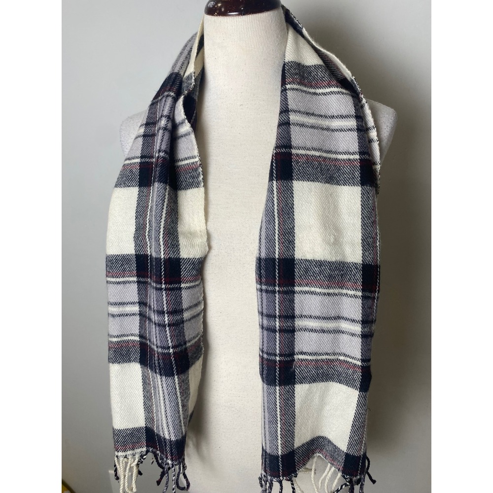 Pierre Cardin Vintage Wool Scarf Plaid Muffler Cream Navy Grey Red Fringe
